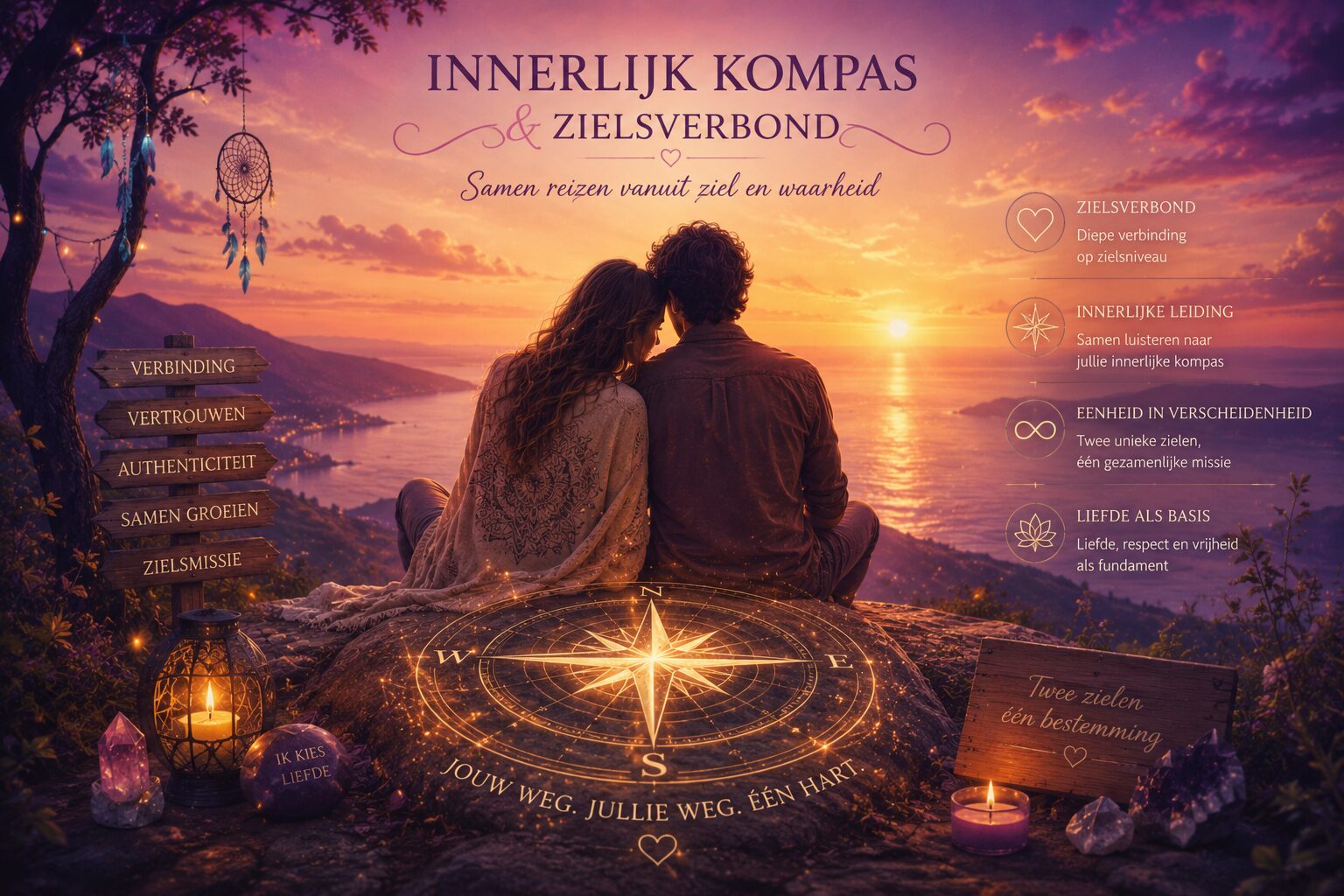 Koppel zit zij-aan-zij op een heuvel bij zonsondergang; een magisch kompas op de grond en houten borden met woorden als verbinding en vertrouwen.