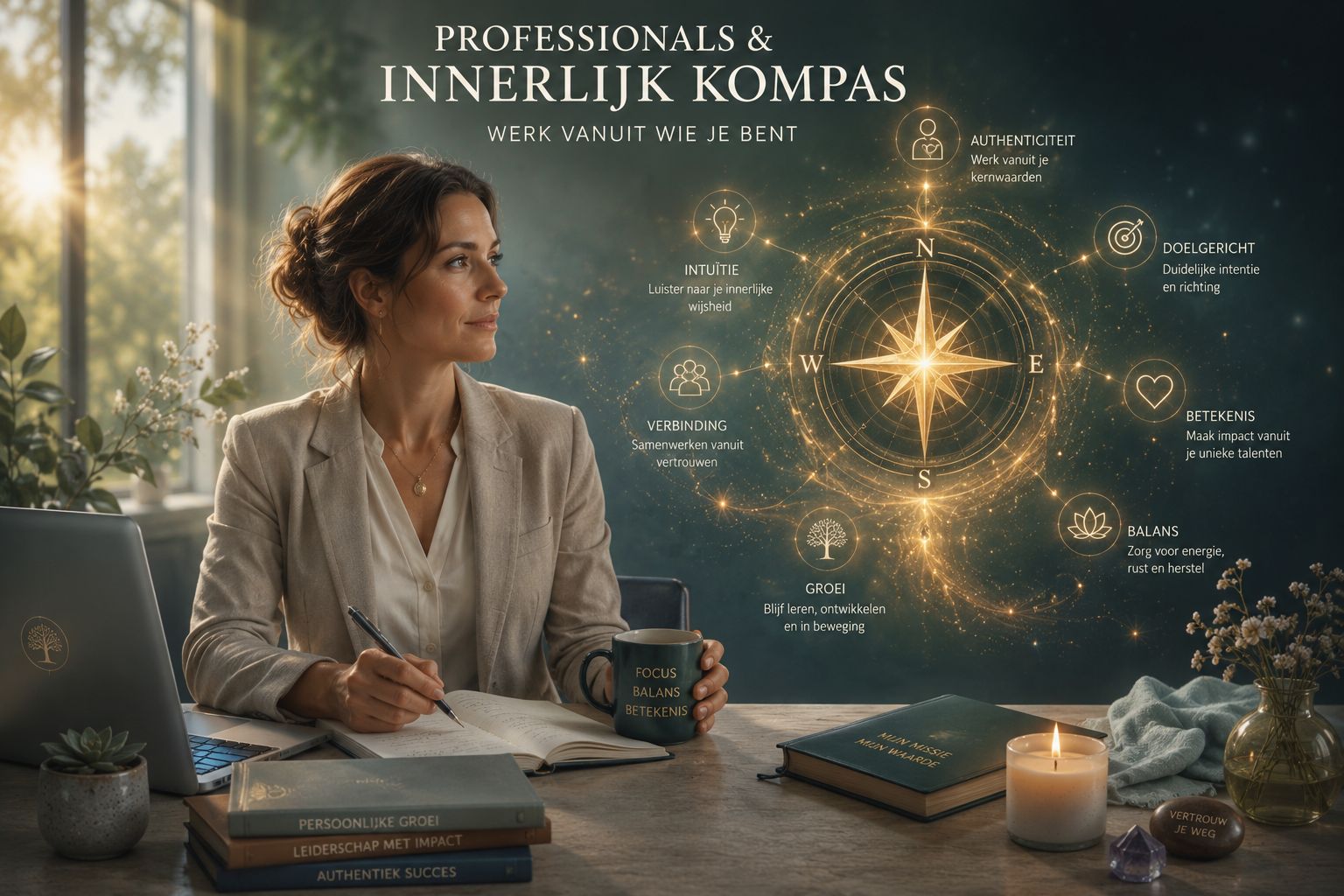 Professional woman at a desk writing, with a glowing compass diagram about personal growth on the wall.