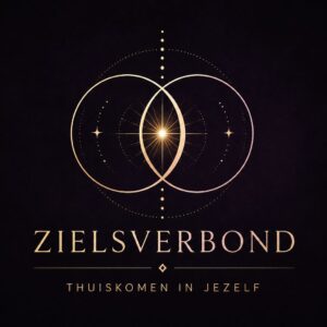 Logo with two overlapping gold circles forming a Venn-like shape, a central starburst, and decorative geometric details; beneath are the words ZIELSVERBOND and THUISKOMEN IN JEZELF in gold.