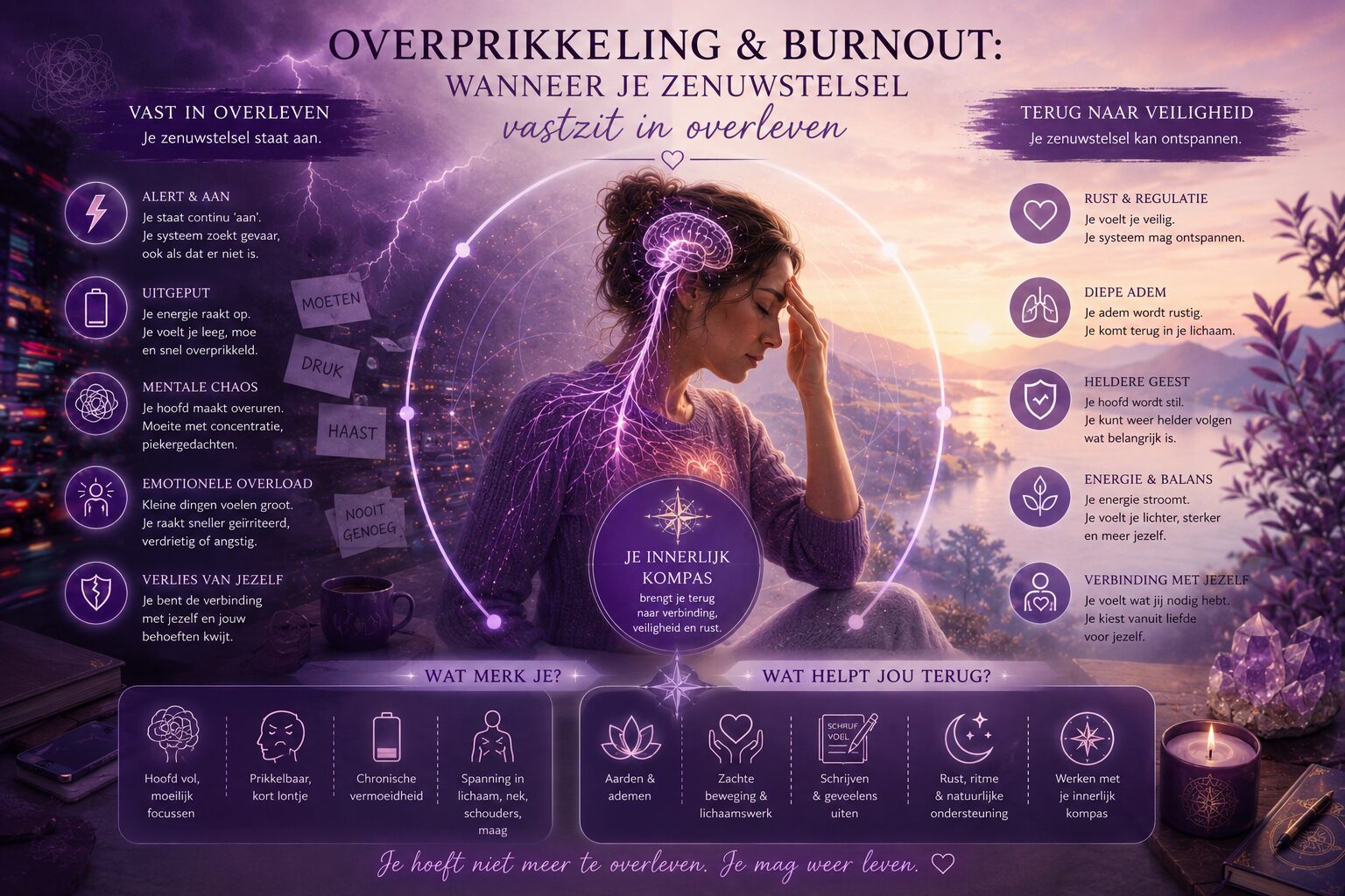 Infographic about overprikkeling en burnout with a woman touching her head, surrounded by a glowing neural circle.