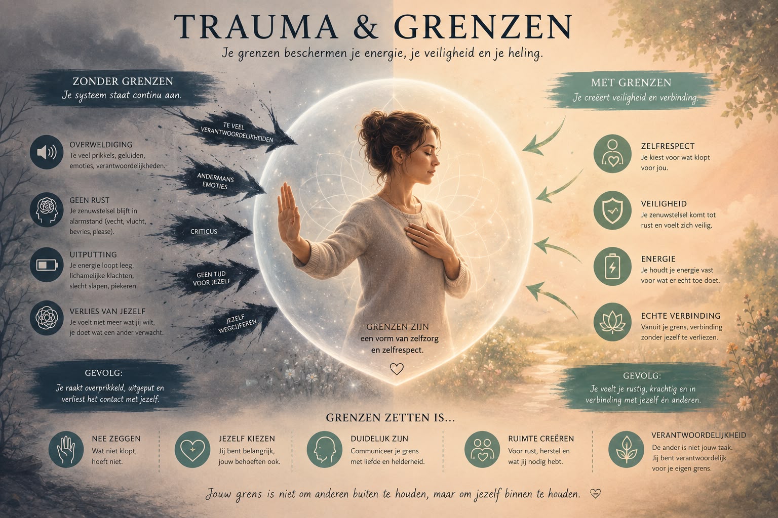Infographic over trauma en grenzen met een vrouw in een beschermende lichtbol; links negatieve kanten van overprikkeling en verlies, rechts positieve grenzen en zelfzorg.