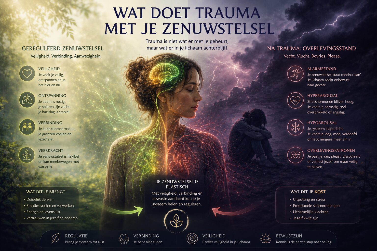 Infographic in Dutch over wat trauma met het zenuwstelsel doet: een vrouw met gloeiende zenuwen links (gereguleerd) en rechts (na trauma) met iconen en tekst.