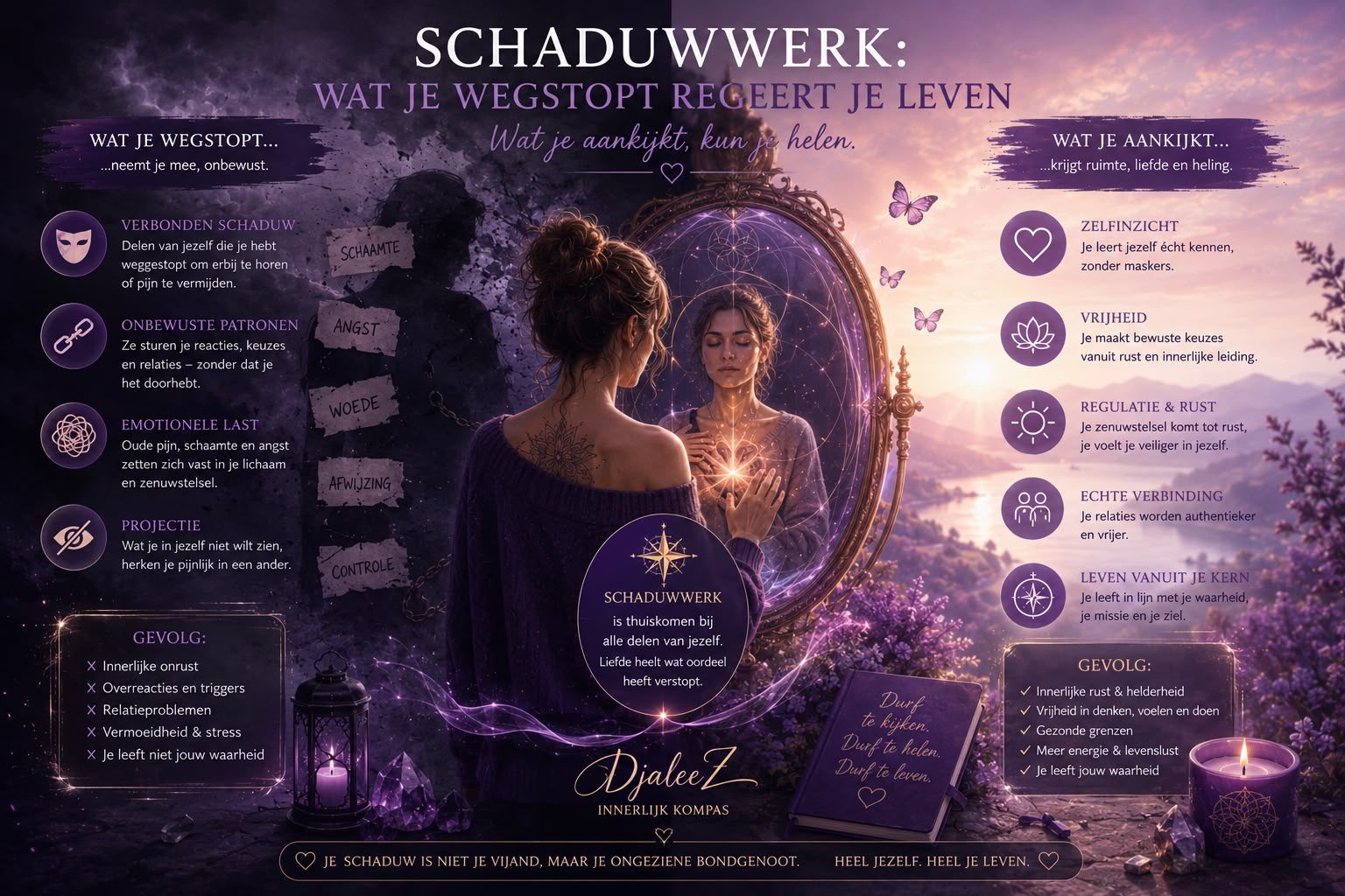 Infographic over schaduwwerk met een vrouw voor een spiegel; linker- en rechterkolom geven inzichten en voordelen.