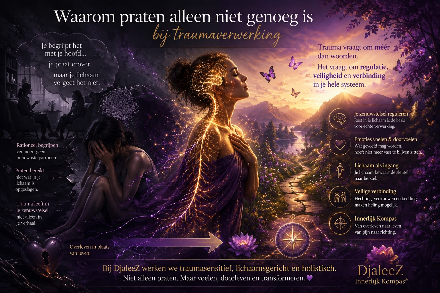 Poster about trauma therapy: a central woman with glowing neural energy, a sunset landscape, left shows distressed figures, right lists healing benefits with icons.